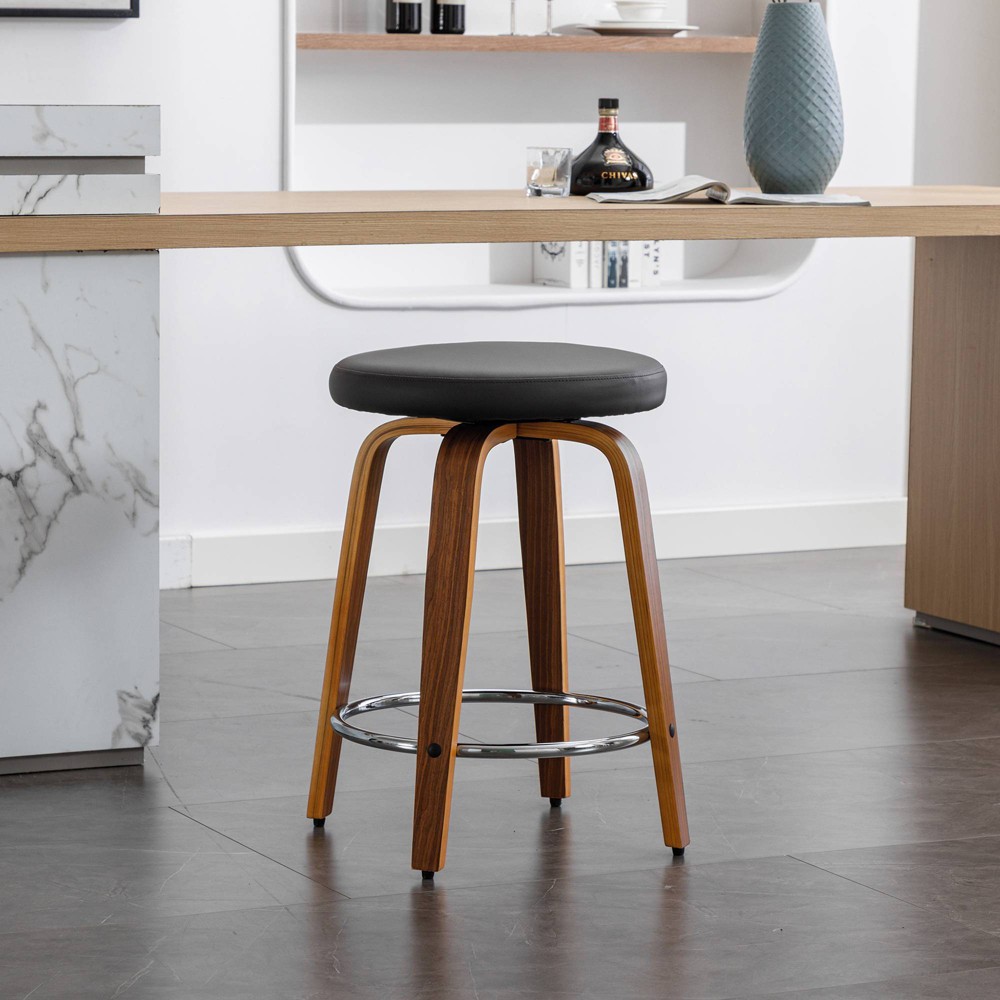 Photos - Storage Combination Round Counter Stool with Swivel Seat Walnut Wood Bas Dark Brown Faux Leath