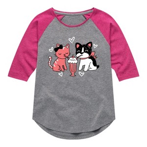 Girls' - Instant Message - Cat And Dog With Milkshake Shirt Tail Raglan Graphic T-shirt - 1 of 3