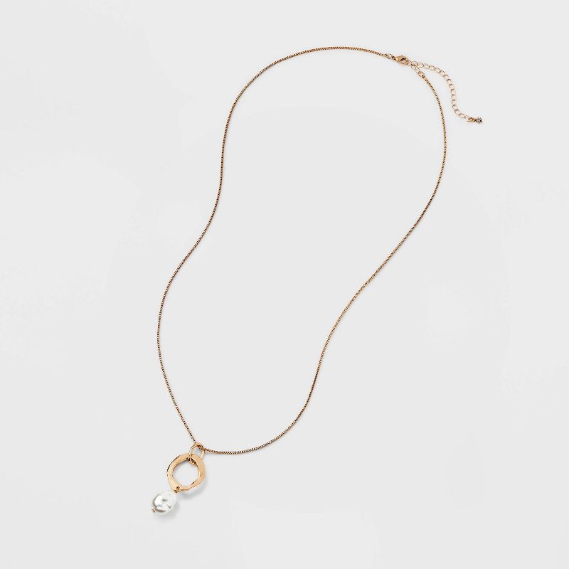Hammered Ring and Pearl Drop Pendant Necklace - A New Day&#8482; Gold, 5 of 7