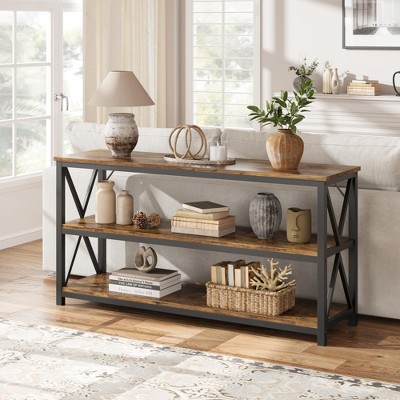 55 Inch Entryway Table, Narrow Long Console Table With Storage, 3 Tier Wood Sofa Table for Living Room