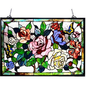 Chloe Lighting Tiffany-Glass Featuring Roses & Butterflies Window Panel 27x19 - 1 of 4