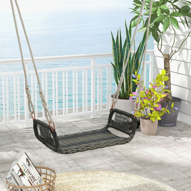 Tangkula 1-Person Rattan Porch Swing Single Swing Chair Bench w/ Hanging Hemp Ropes Outdoor, 2 of 10