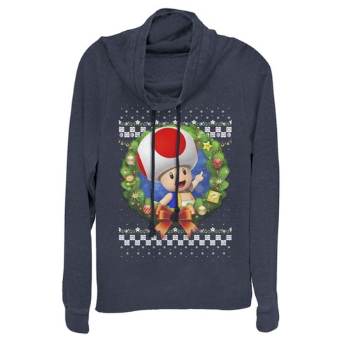 Juniors Womens Nintendo Christmas Toad Wreath Cowl Neck Sweatshirt - image 1 of 3