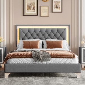 TIRAMISUBEST Full/Queen Size Upholstered Bed Frame with LED Lights, Modern Velvet Platform Bed with Tufted Headboard - 1 of 4