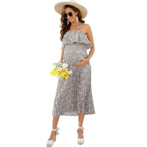 Maternity Dress Womens Spaghetti Strap Floral Maxi Dress Ruffled High Waisted Backless Pleated Dress for Baby Shower - 1 of 4