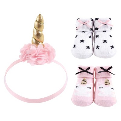 Hudson Baby Infant Girl Headband and Socks Giftset 3pc, Gold Unicorn, One Size