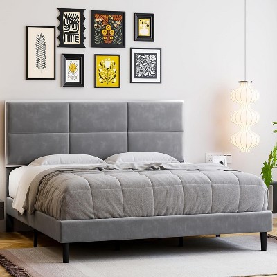 Bed Frame with Headboard, Modern Velvet Upholstered Bed Frame Queen Size, Wood Slat Support, No Box Spring Needed, Easy Assembly
