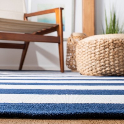 Navy and Ivory 10' x 14' Handmade Cotton Flat Woven Rug