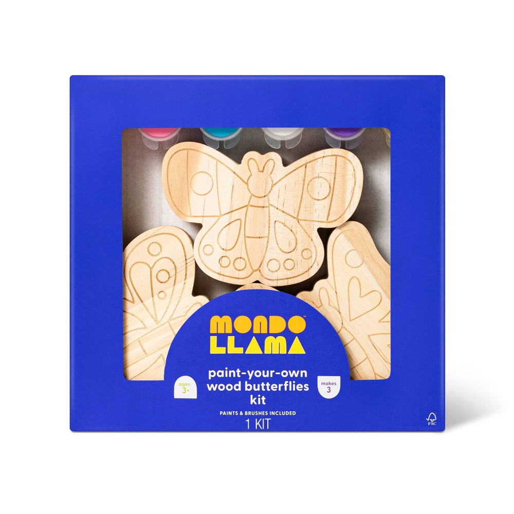 3pk Paint-Your-Own Wood Butterfly Set - Mondo Llama™: Kids Craft Kit with Acrylic Paints & Brushes, Non-Toxic
