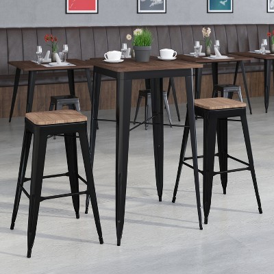 Flash Furniture 23.5" Square Metal Bar Table Set with Wood Top and 2 Backless Stools