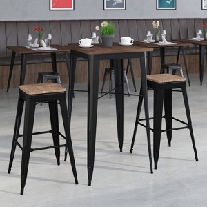 Flash Furniture 23.5" Square Metal Bar Table Set with Wood Top and 2 Backless Stools - 1 of 2