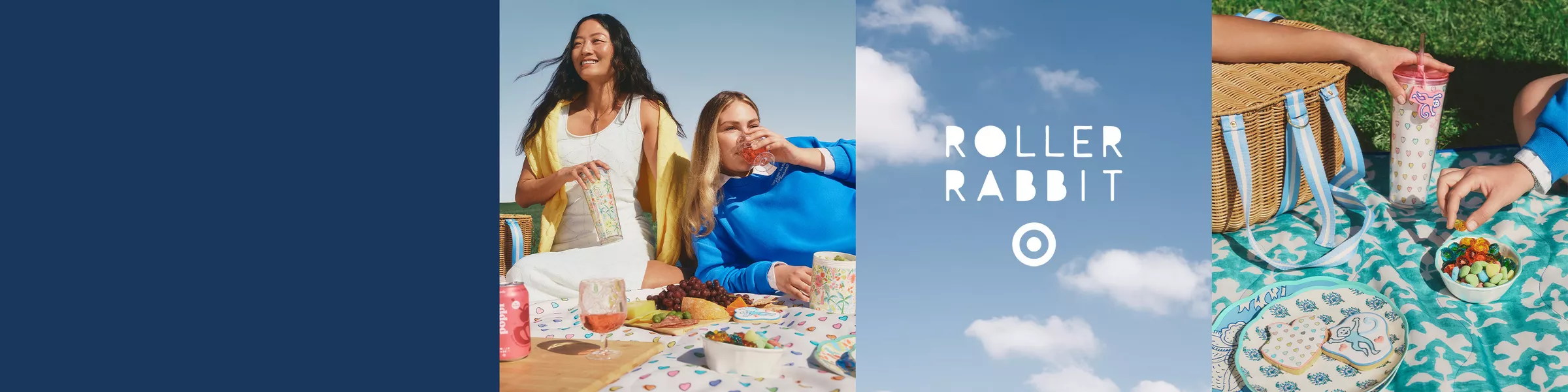 Clouds move behind the Roller Rabbit x Target logo while campaign images flip through featuring women's & kids' clothing, swimsuits, towels, picnic supplies, pool floaties, luggage and more from the collection.