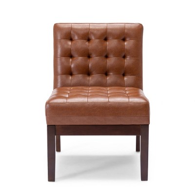 Cognac Faux Leather Tufted Slipper Chair with Dark Espresso Legs