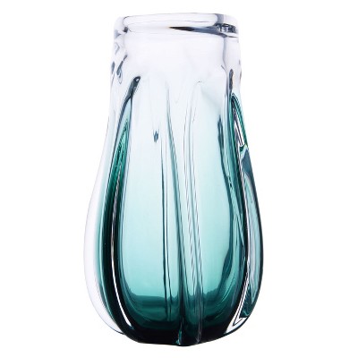 Hand Blown Forest Green Ombre Art Glass Vase 10" Tall