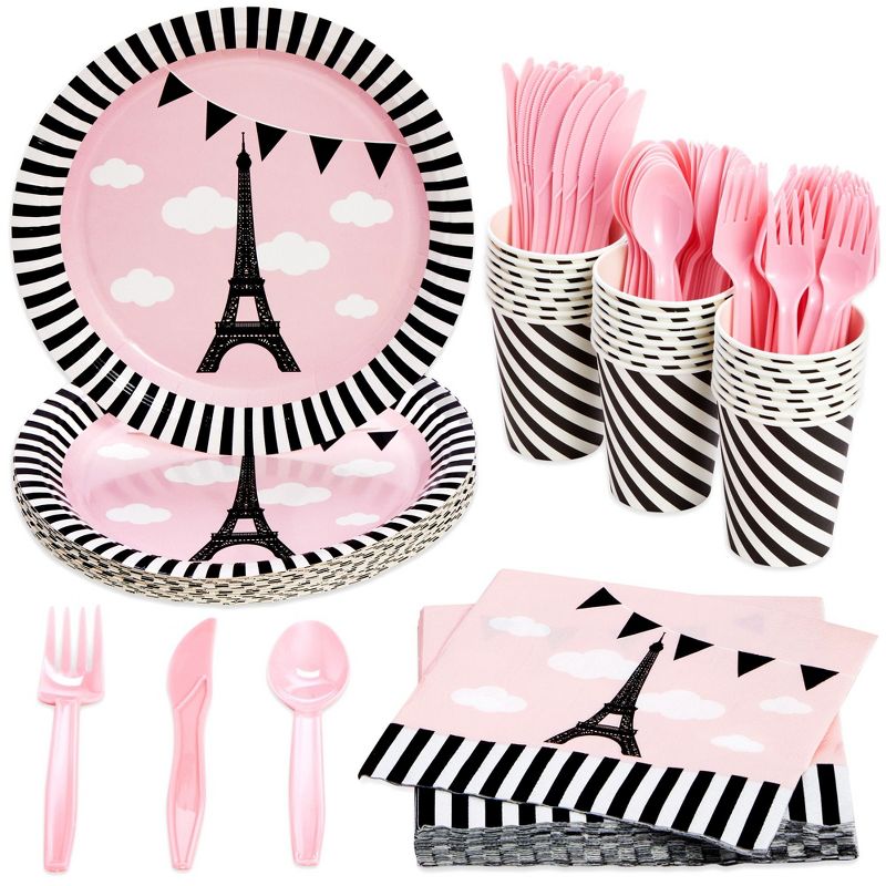 Blue Panda 144 Piece Paris Birthday Party Decorations with Plates, Napkins, Cups, and Cutlery, Tableware Set for Girl's Baby Shower, Serves 24 Guests, 1 of 8