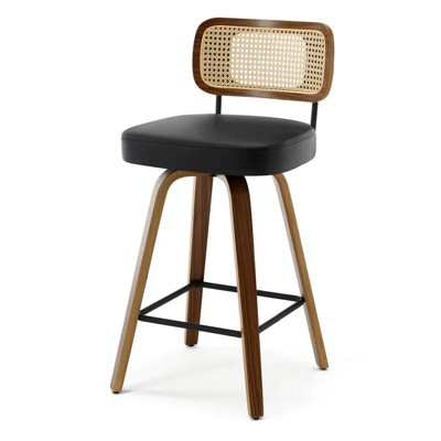 Bekrvio Swivel Counter Height Bar Stools - 26" Faux Leather Upholstered with Rattan Back,Ideal for Kitchen Island
