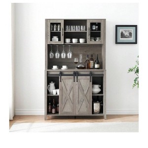 Dark Brown 70" Tall Farmhouse Coffee Bar Cabinet, Sliding Barn Doors Wine Bar Cabinet with Storage Shelves, Hutch Cabinet with 6 Bottle Wine Rack and - 1 of 4