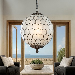 ALOADECOR Vintage Mid Century Natural Capiz Seashells Chandelier in Antique Brass Globe Lantern Shells Pendant Light for Living Room - 1 of 4