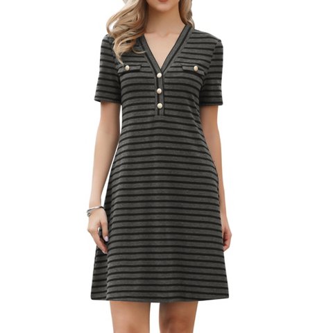 Женские платья INSPIRE CHIC Women's Striped Short Sleeve V Neck Faux Pocket A-Line Mini Dresses Large Dark Gray
