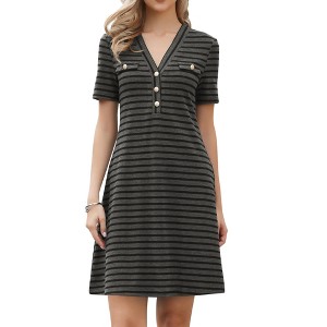 INSPIRE CHIC Women's Striped Short Sleeve V Neck Faux Pocket A-Line Mini Dresses - 1 of 4