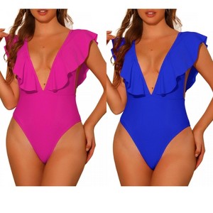 INSPIRE CHIC Women's V Neck Ruffled High Cut Tummy Control Monokini Swimwear Bathing Suit One Piece 2 Sets - 1 of 4