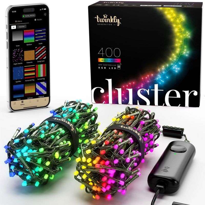 Twinkly Cluster App-Controlled LED Christmas Lights 400 RGB (16 Million Colors) 19.7 feet Green Wire Indoor/Outdoor Smart Lighting Decoration (4 Pack), 1 of 7