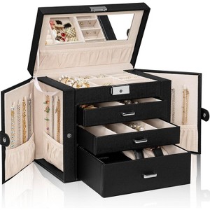 4-Tier Leather Jewelry Box with 3 Drawers Lockable Mirror and Organizer - 1 of 4