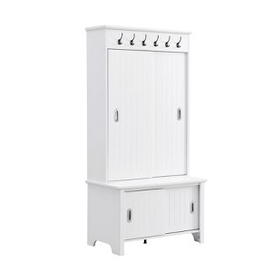 Hallway Storage Cabinet with Sliding Door Modern Multifunctional Coat Rack with Bench Adjustable Shelf Hooks Suitable for Living Room Hallway White - 1 of 4