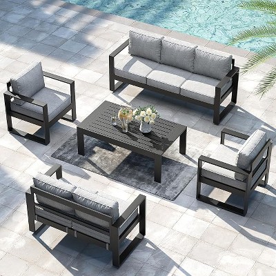 LayinSun 5 Pieces Aluminum Outdoor Patio Furniture Set, Metal Modern Conversation Sofa Set with Coffee Table and Washable Thick Cushions