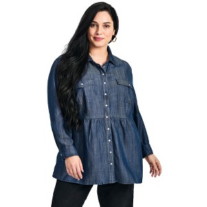 Avenue Women's Plus Size Denim Tiered Shirt - 1 of 4