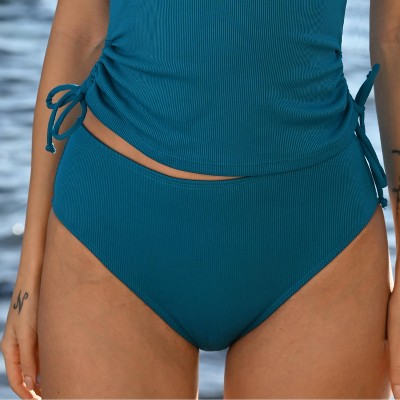 Women's Solid Blue Ribbed Mid Rise Bikini Bottom - Cupshe