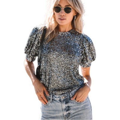 Amaryllis Women's Short-Sleeve Crew Neck Sequin Top Puff Sleeves Sparkling Detail