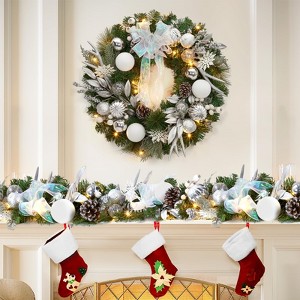 Pre-Lit Artificial Christmas Wreath, Xmas Decorated with Silver White Ball Ornaments Pine Cones, Ribbon Bow, Outdoor Lighted Christmas Wreath - 1 of 4