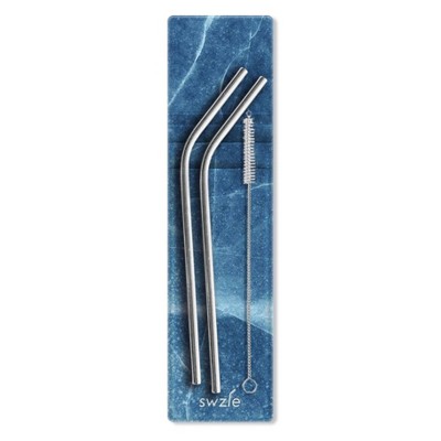 SWZLE Pack of 2 Reusable Stainless Steel Drinking Straws with Cleaning Brush and Case - Cerulean Marble