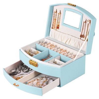 iMountek "2-Layer Lockable Jewelry Box for Women & Girls – Leather Jewelry Organizer for Rings, Necklaces & More" MintBlue