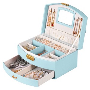 iMountek "2-Layer Lockable Jewelry Box for Women & Girls – Leather Jewelry Organizer for Rings, Necklaces & More" MintBlue - 1 of 4