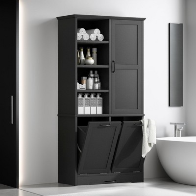 68" Tall Bathroom Storage Cabinet with Doors,Four-layeropen Shelves and Tilt-Out Laundry Hamper,Adjustable Shelf - Leovsnove