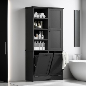 68" Tall Bathroom Storage Cabinet with Doors,Four-layeropen Shelves and Tilt-Out Laundry Hamper,Adjustable Shelf - Leovsnove - 1 of 4