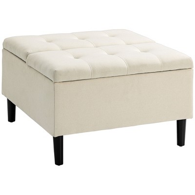 HOMCOM 30" Storage Ottoman, Tufted Fabric Upholstered Square Coffee Table with Lift Top, Accent Footrest Footstool for Living Room, Cream White