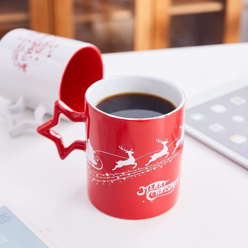 Bruntmor 14 Oz Christmas Coffee Mug with Star Handle Set of 6, Red, 5 of 8