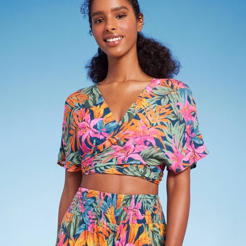 Floral Print Wrap-Style Crop Top with Pants