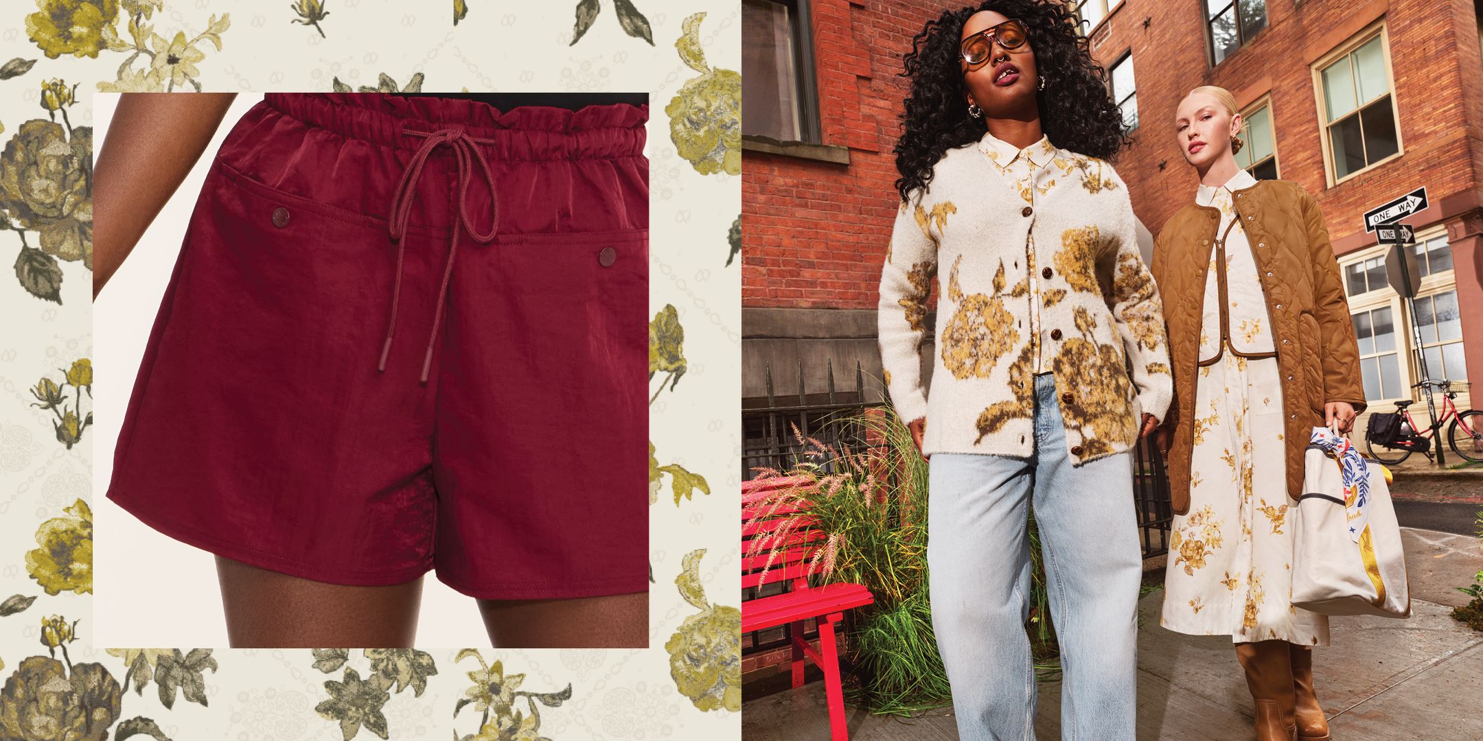 Woman in maroon tech cargo shorts. Woman in a cream floral button-up shirt layered with a cream floral cardigan, tortoise aviator sunglasses and jeans. Woman in cream floral midi button-up shirt dress with olive quilted long jacket and floral vest, carrying a cream & yellow tote with floral cotton bandana.
