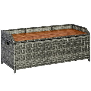 Outsunny Outdoor Storage Bench Wicker Deck Boxes with Wooden Seat, Rattan Container Bin with Lip, Ideal for Storing Tools, Accessories and Toys - 1 of 4