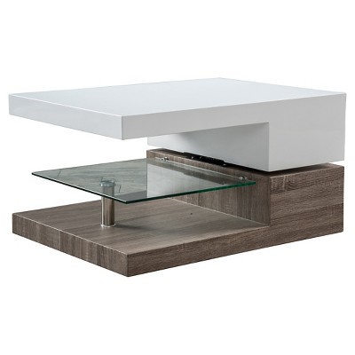 Christopher Knight Home Bridgetown Rectangular Rotatable Coffee Table w/ Glass Glossy White/Oak: Modern Design, Hardwood Frame, Tempered Top