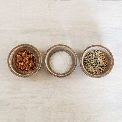 Set of 3 Brown Mango Wood Pinch Bowls with Leather Tie