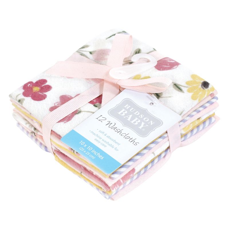 Hudson Baby Infant Girl Flannel Cotton Washcloths, Soft Painted Floral 12 Pack, One Size, 2 of 9