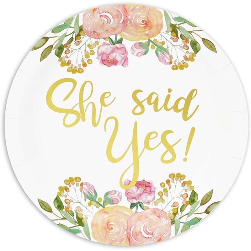 Sparkle and Bash 48-Pack Gold Foil She Said Yes Plates for Engagement Party, Bridal Shower Decorations, Bachelorette Supplies, Floral Design, 9 In, 3 of 8