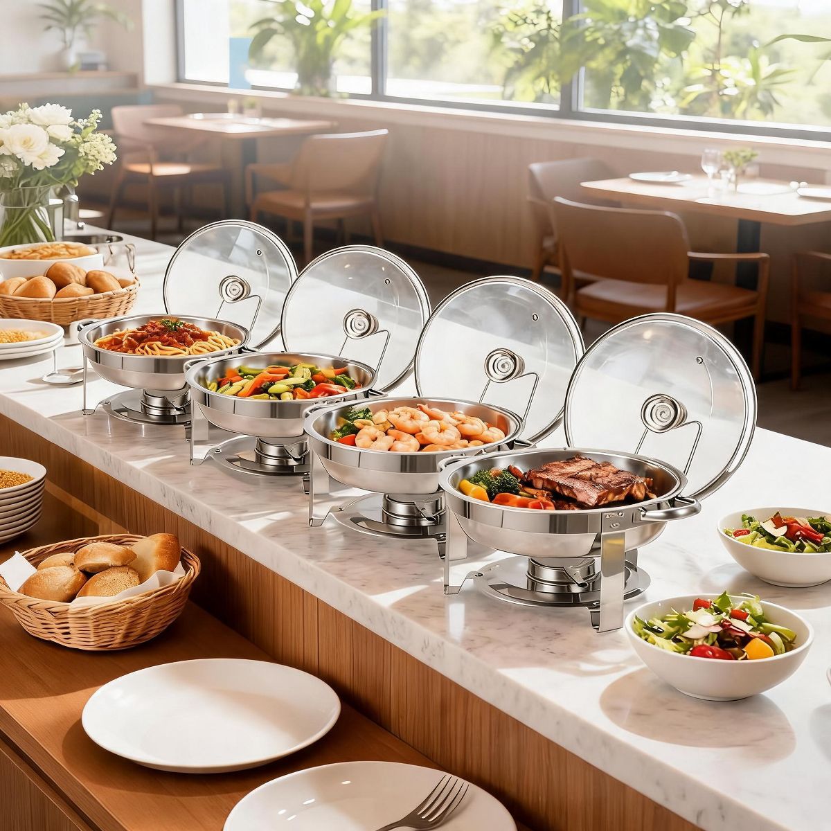 Garvee Chafing Dishes for Buffet, 5QT Stainless Steel Buffet Servers and Warmers Set of 4, Glass Lids, Lid Holder, for Parties, Weddings, Banquets
