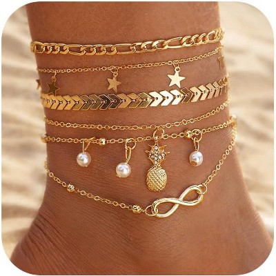 14K Gold Plated Ankle Bracelets Sets For Women, Adjustable Layered Anklet