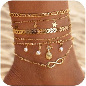 14K Gold Plated Ankle Bracelets Sets For Women, Adjustable Layered Anklet - 1 of 4